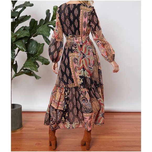 Boho Floral Print Lantern Sheer Sleeve Dress - Picture 3 of 5